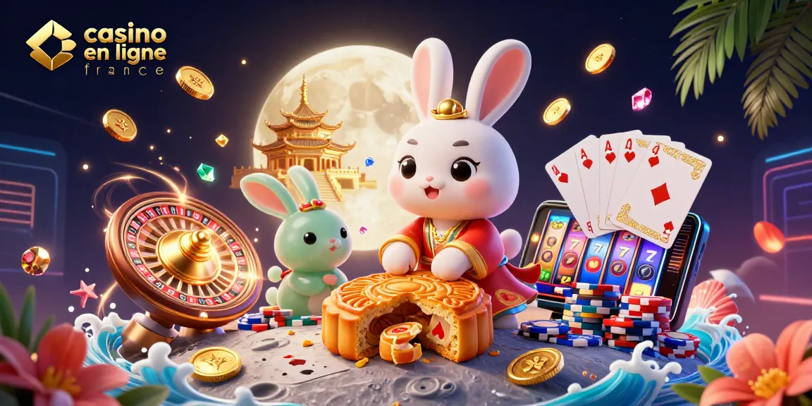 Illustration festive de casino en ligne France avec un lapin lunaire et des éléments de jeu dynamiques.
