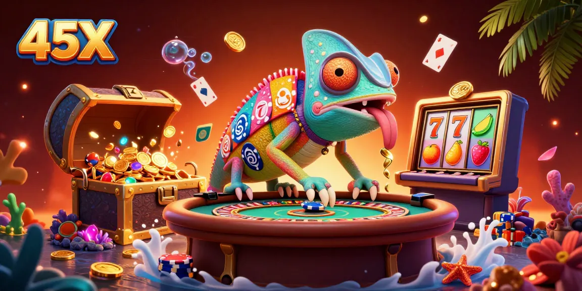 Experience thrilling slots action at 45X with a colorful chameleon casino owner amidst vibrant treasure!