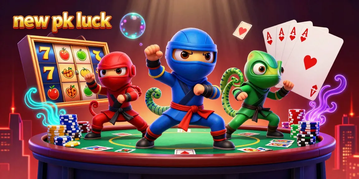 Experience thrilling wins with new pk luck showcasing colorful slot reels and ninja chameleons in action.