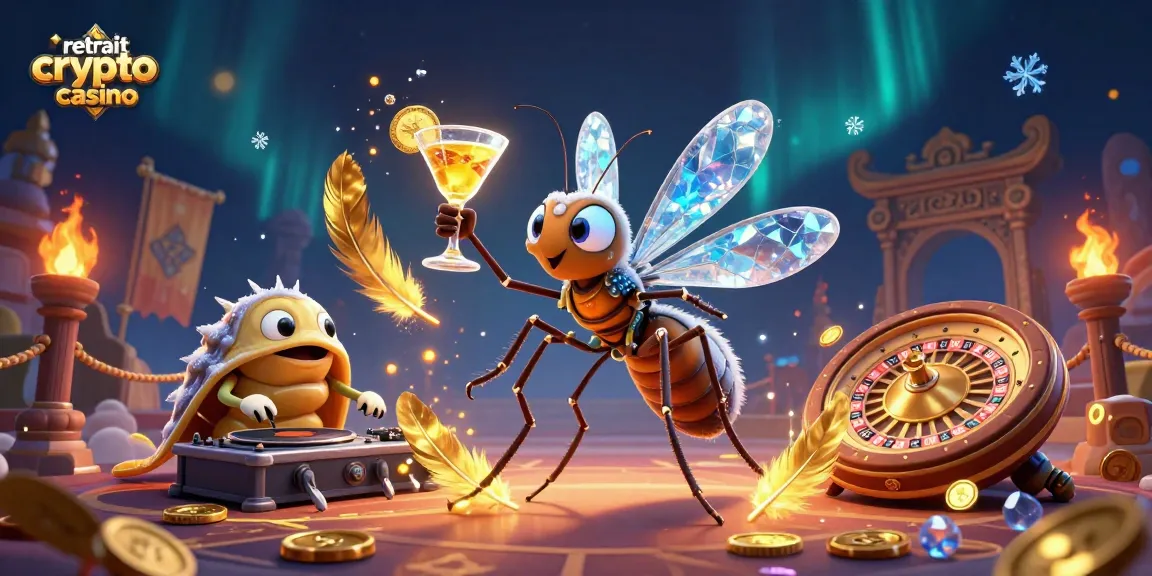 Les retraits crypto casino permettent des gains instantanés, illustrés par un café doré et un DJ trilobite.