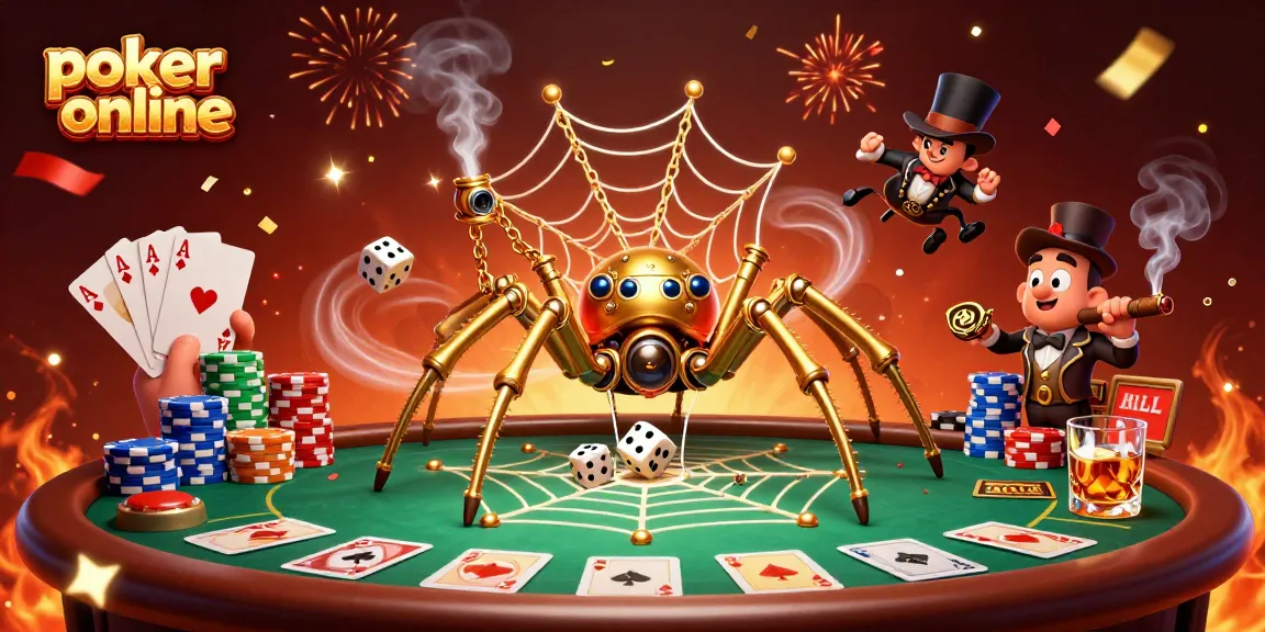 Découvrez l'action dynamique du poker en ligne avec une illustration captivante d'une araignée steampunk et d'un gentleman.