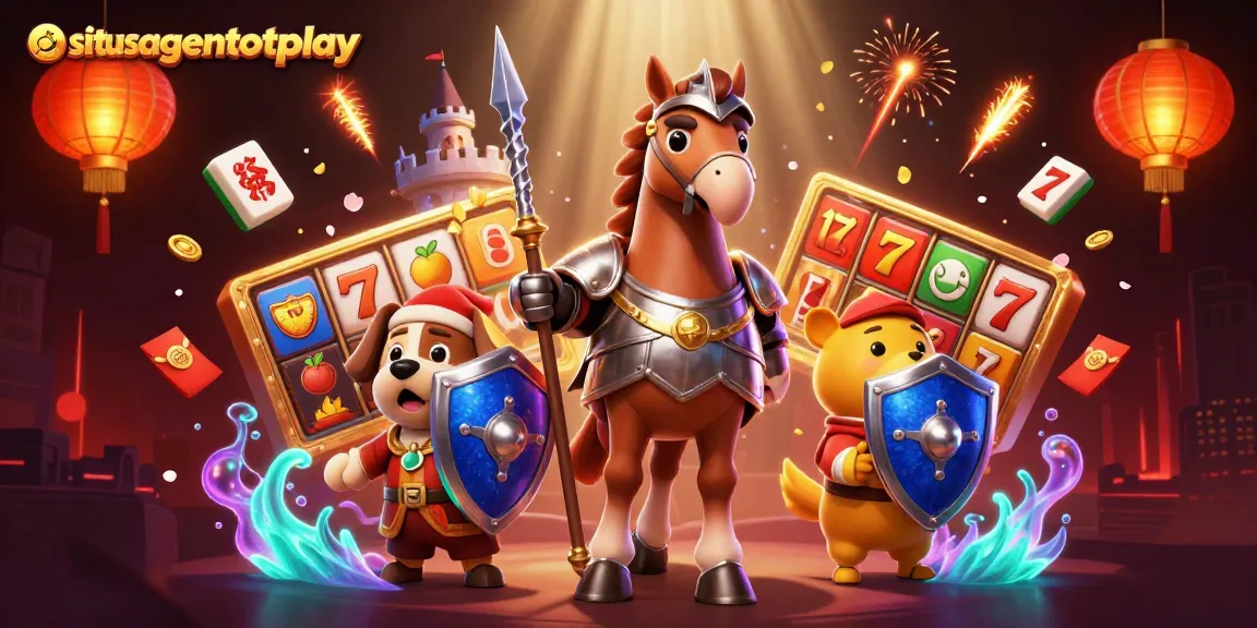 Situsagentotoplay mempersembahkan ilustrasi kasino dengan karakter ksatria, anak anjing, dan burung elang di antara elemen permainan yang berkilauan.