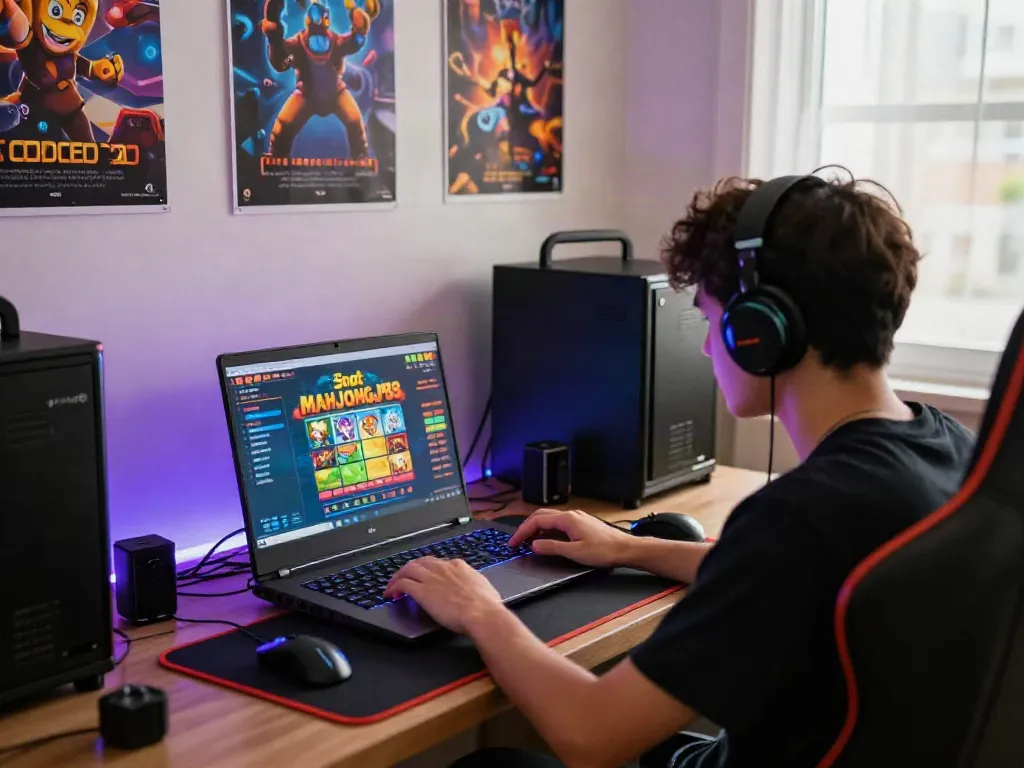 Engaging scene of a player using Slot MAHJONGJP88 on a gaming laptop surrounded by vibrant gaming accessories.