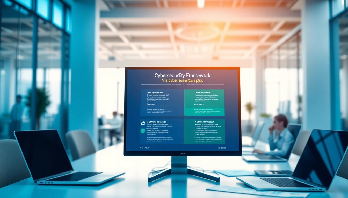 Illustration differentiating cyber essentials vs cyber essentials plus for cybersecurity standards.