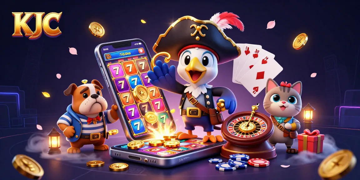 KJC engages players with vibrant slot games and interactive gaming elements in a dynamic casino-themed scene.