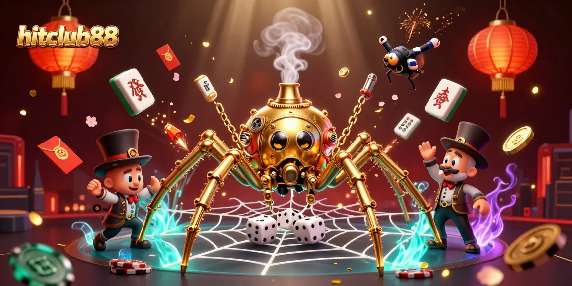 Hitclub88 casino scene showcasing a golden spider capturing unlucky dice with vibrant gaming elements.