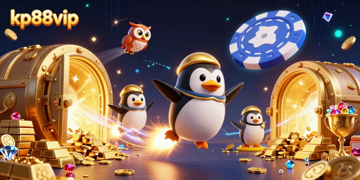 Experience the thrill of kp88vip with a golden penguin soaring toward a giant poker chip casino along with treasures.