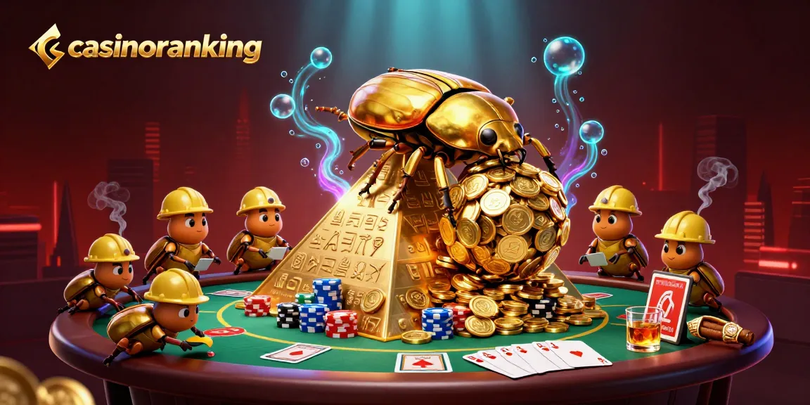Experience casinoranking with a bustling 3D scene of golden beetles and vibrant poker elements.
