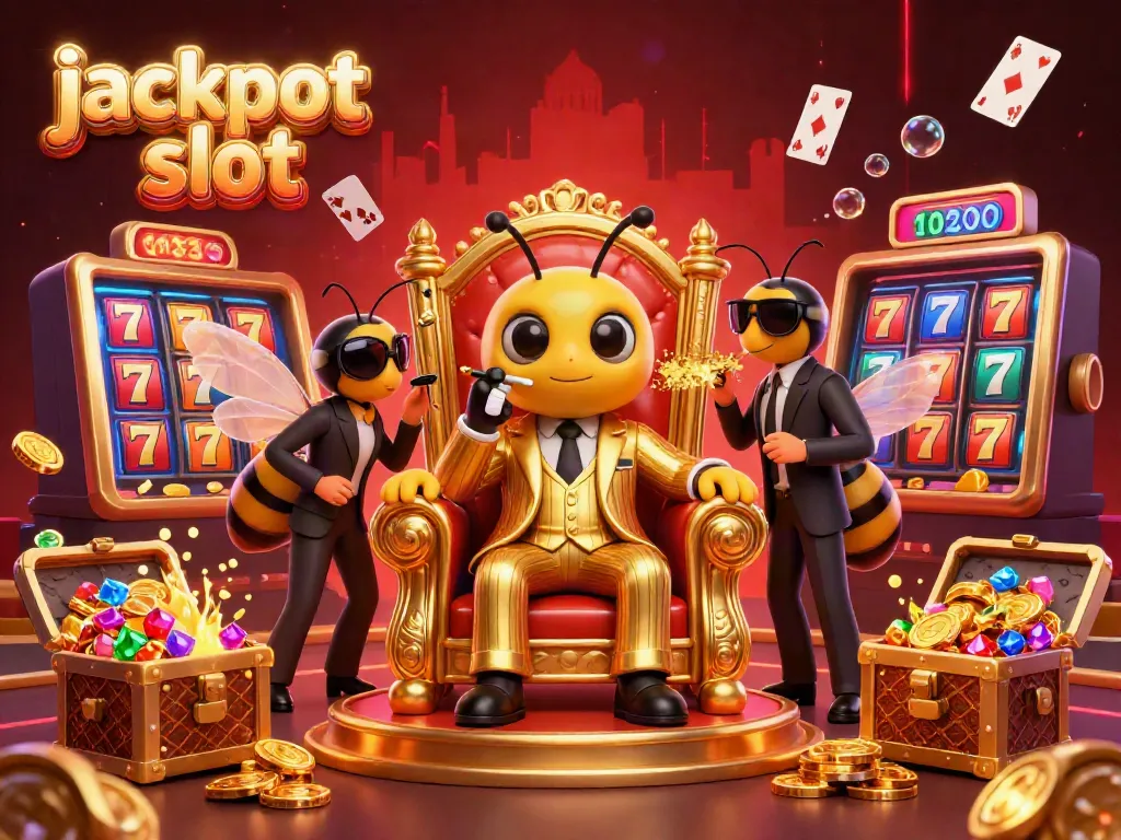 Engage with the jackpot slot world featuring a casino scene with a bumblebee mob boss, spinning reels, and treasure!