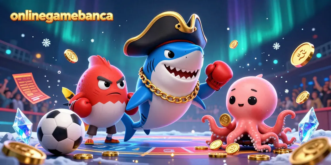 Bet on sports with onlinegamebanca, featuring a pirate shark and friends in a vibrant betting arena.