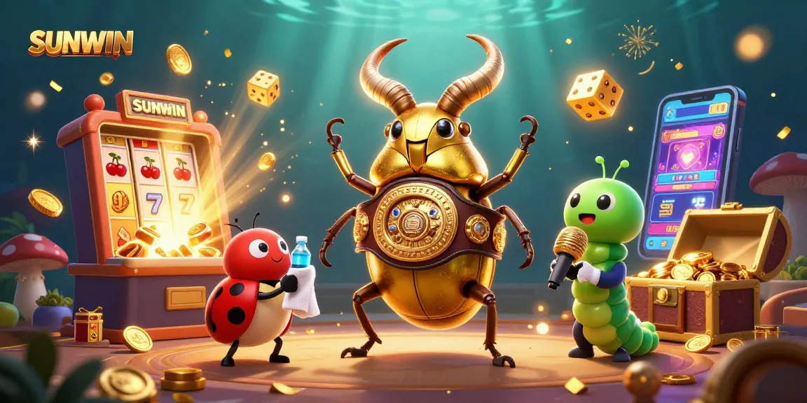 SUNWIN's exciting jackpot scene featuring a giant beetle champion, vibrant colors, and dynamic casino elements.