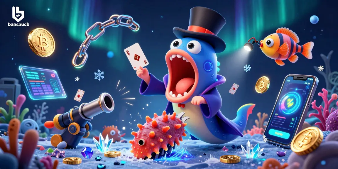 bancaucb showcases a magical underwater scene with a gulper eel, anglerfish, and sea cucumber in a card trick act, enriched with vibrant digital elements.