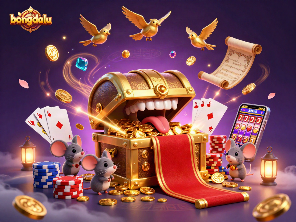Engage with Bongdalu's thrilling casino scene featuring a golden treasure chest, spinning roulette, and poker excitement.