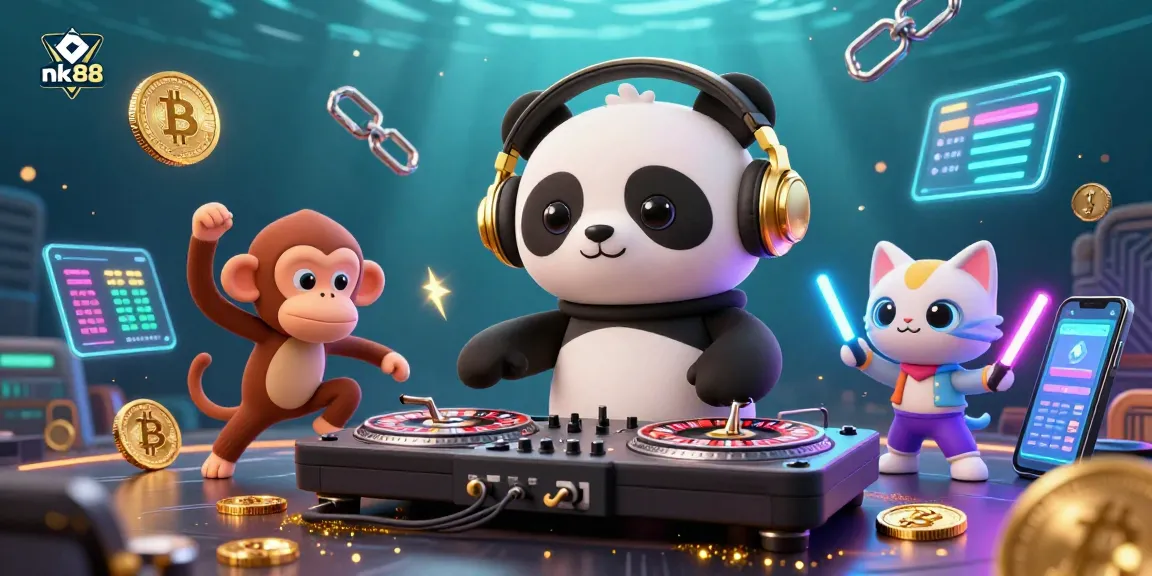 Spin with excitement at nk88's lively gaming scene featuring a DJ panda and glowing crypto coins.