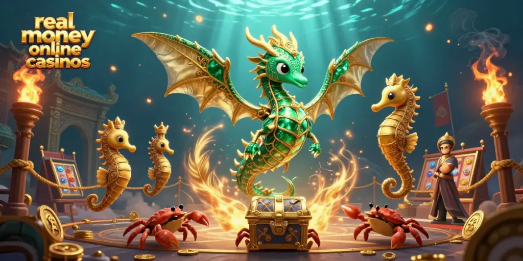 Experience excitement and magic with real money online casinos featuring emerald sea dragon and treasures.
