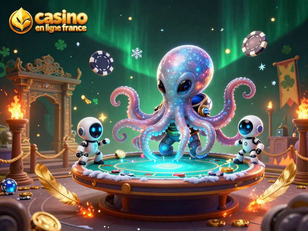 Jouez au casino en ligne France avec une illustration captivante d'un poulpe extraterrestre opérant une table de poker holographique.