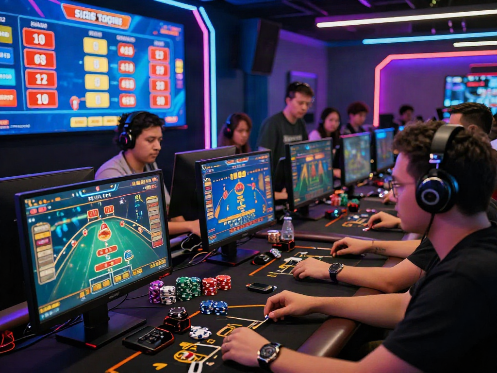 Exciting situs togel online gaming scene with diverse players engaged in high-stakes bets, colorful graphics, and thrilling atmosphere.