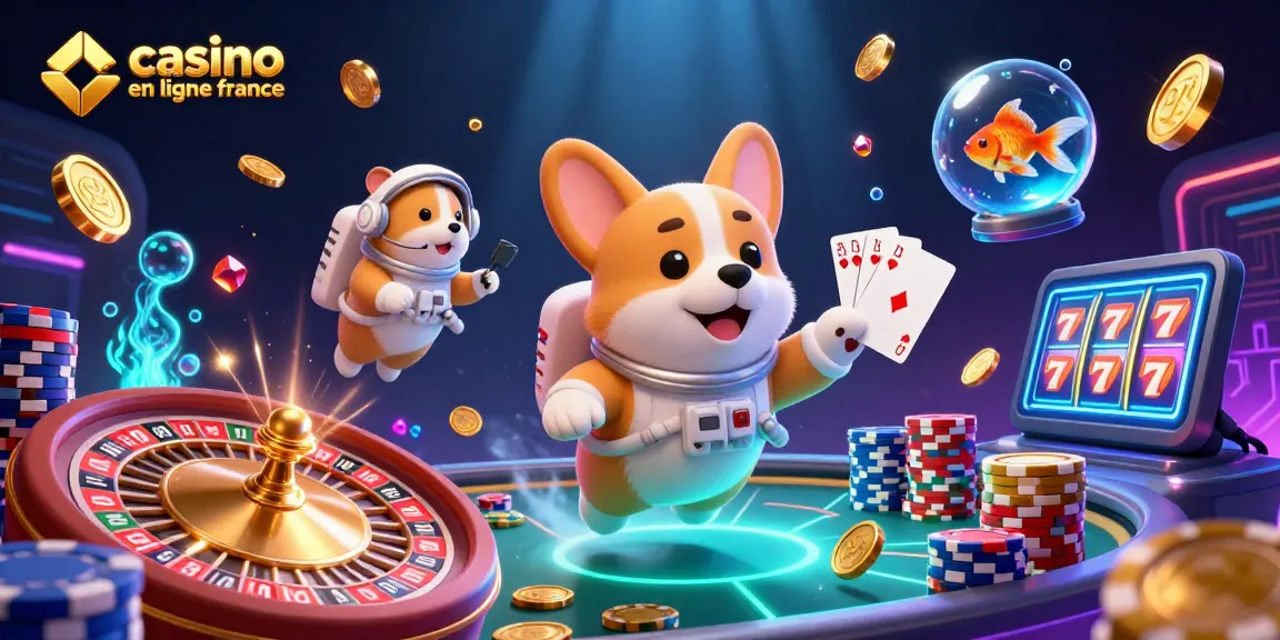 Une illustration colorée d'un corgi astronaute dans un casino en ligne France, flottant dans l'espace, entouré de jetons et de pièces d'or.