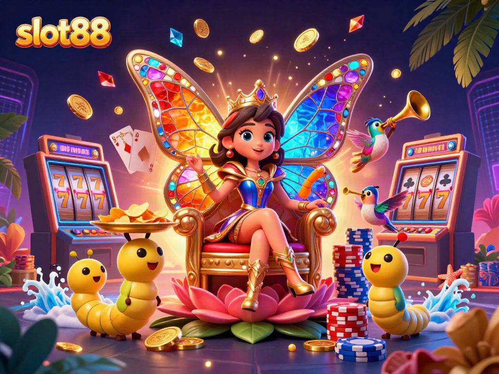 Experience the excitement of slot88 with our vibrant casino illustration featuring a butterfly queen and slot machine.