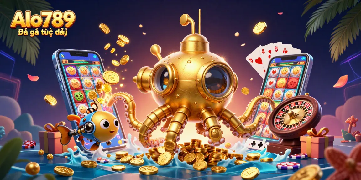 Alo789 Đá gà trực tiếp captivating illustration featuring a golden kraken submarine amidst casino games and golden coins.