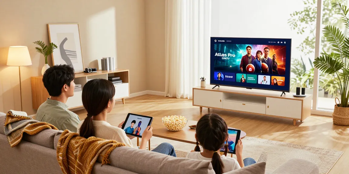 Family enjoying Atlas Pro ONTV streaming on Smart TV during movie night