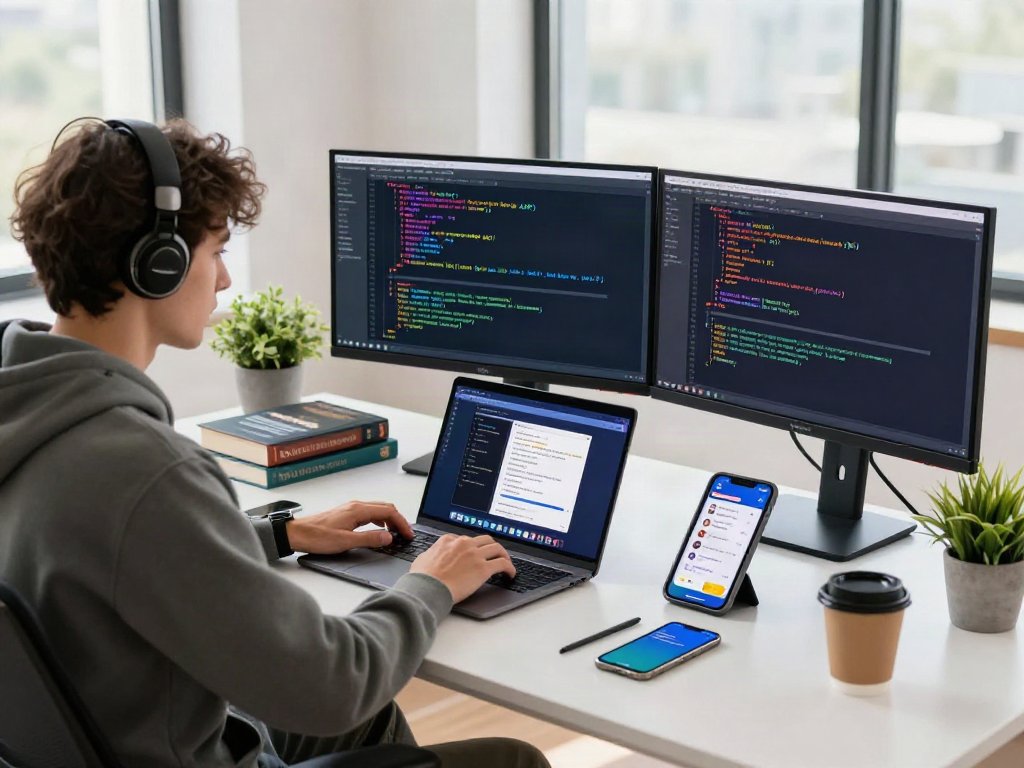 Developing gb WhatsApp APK in a modern workspace with coding on screens, coffee, and creative environment