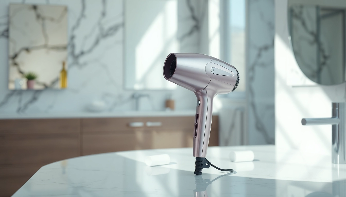 Showcasing the stylish Laifen website's high-speed hair dryer in a luxurious bathroom setting.