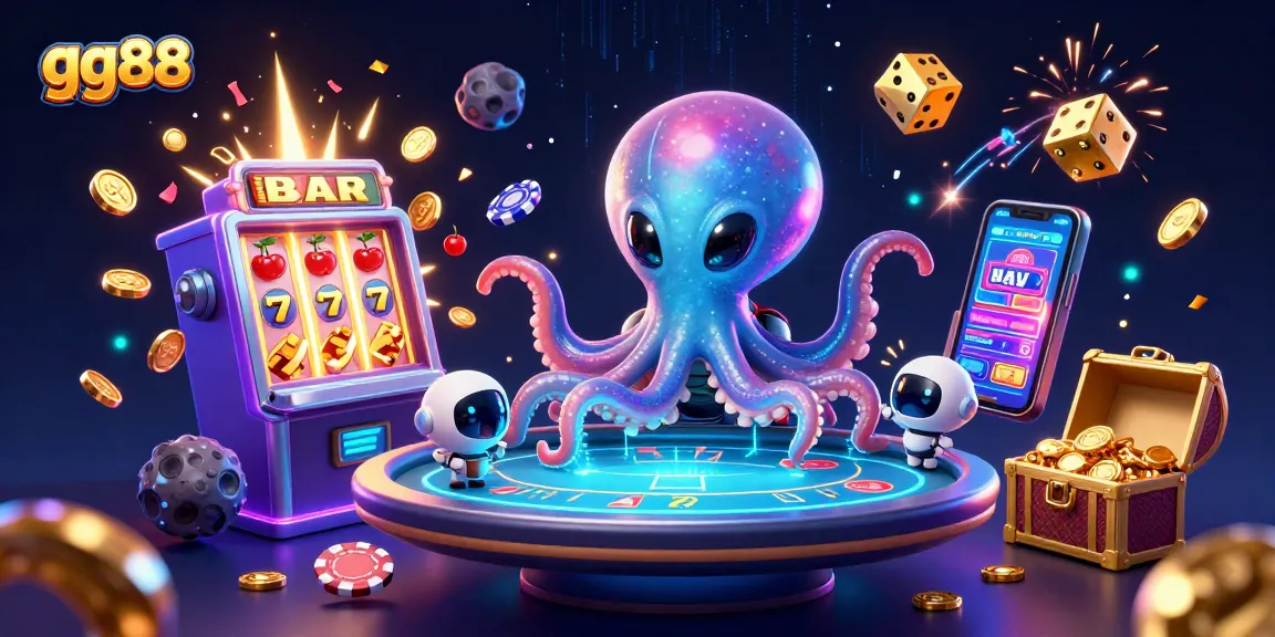 Engage in thrilling activities at gg88 with an alien octopus mastering poker amidst vibrant casino elements.
