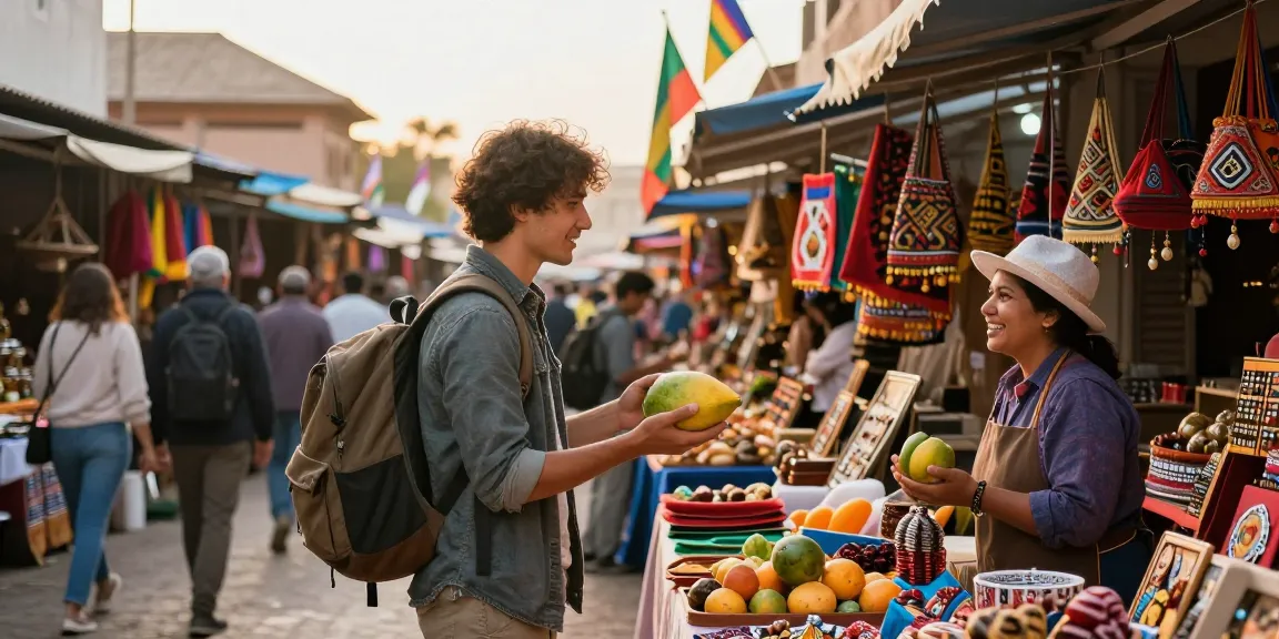 NAGA2000 traveler enjoying vibrant international market with local crafts and street food.