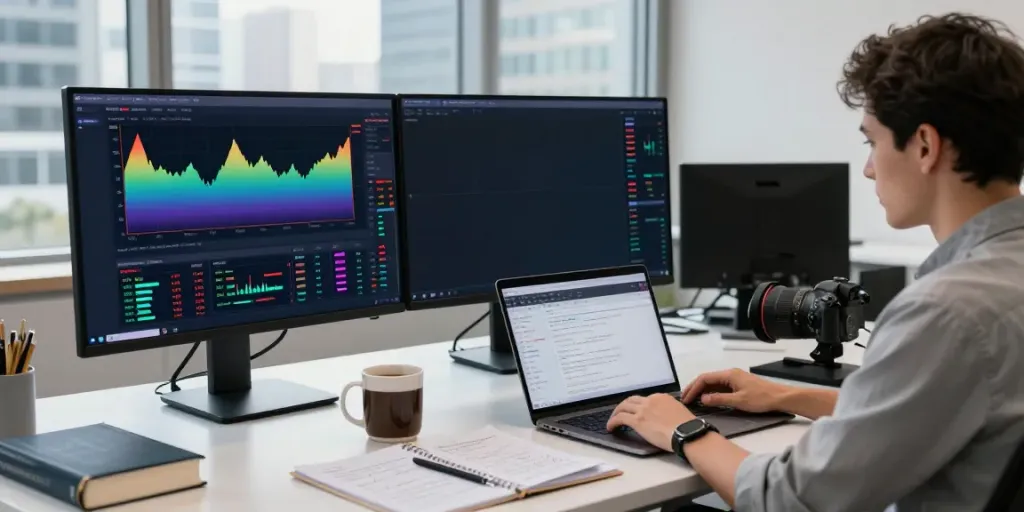 Dynamic trader analyzing TradingView charts in a modern workspace.