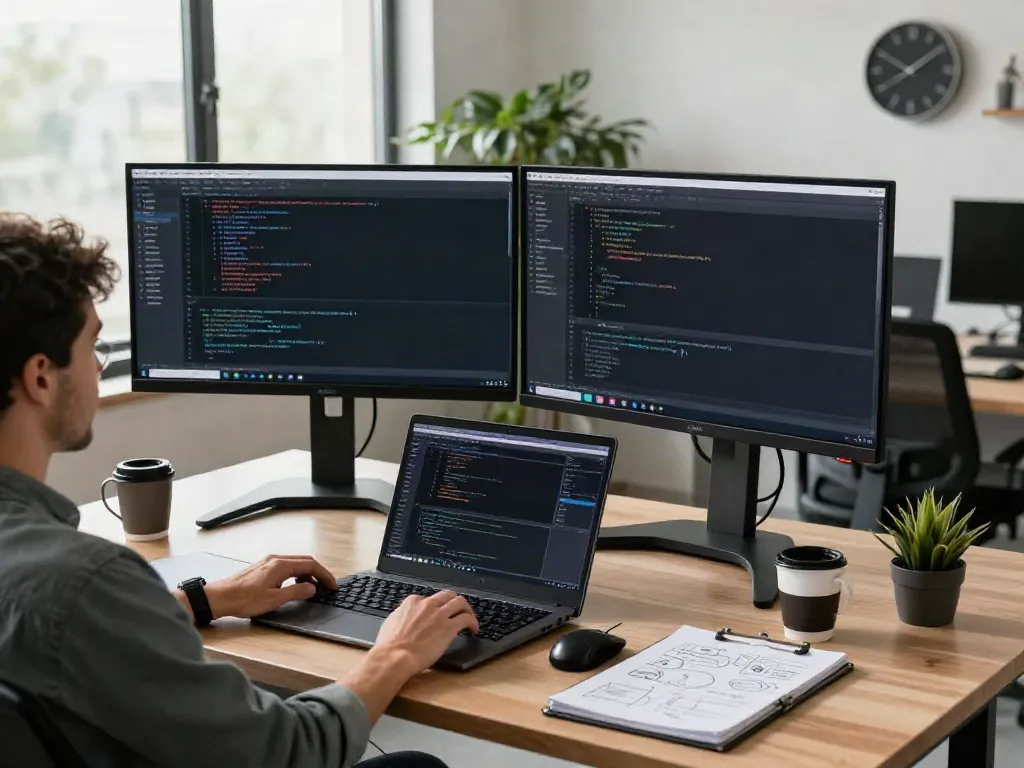 This content is a technology workspace where a developer writes code at a sleek desk setup.