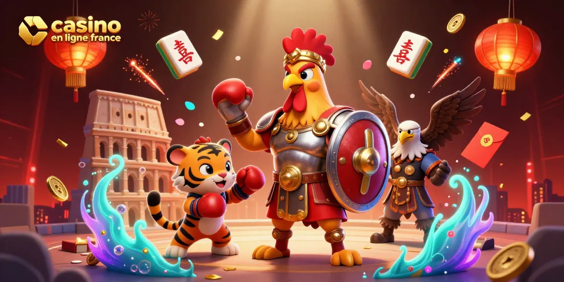 Illustration dynamique représentant un casino en ligne France avec un coq gladiateur, un tigre et un aigle.