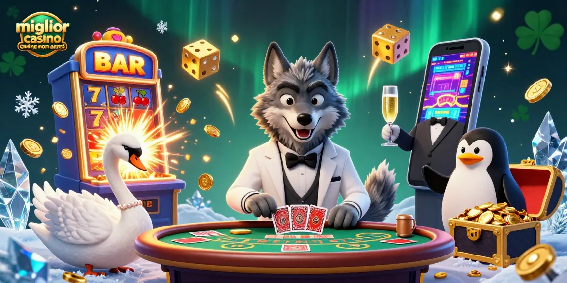 Vivi l'emozione del miglior casino online non aams con un lupo elegante al tavolo di baccarat e una graziosa cigno che distribuisce carte.