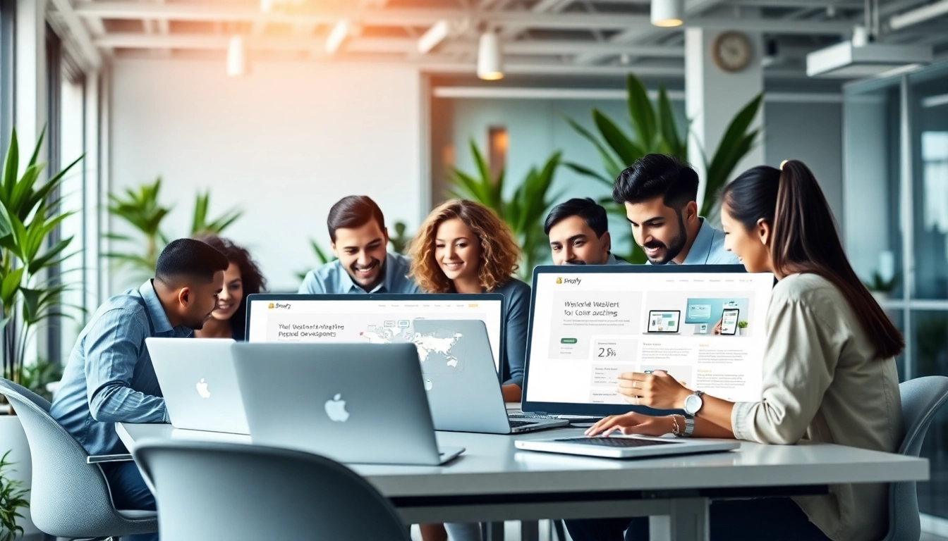 Showcasing Shopify website development services with a diverse team in a modern office environment.