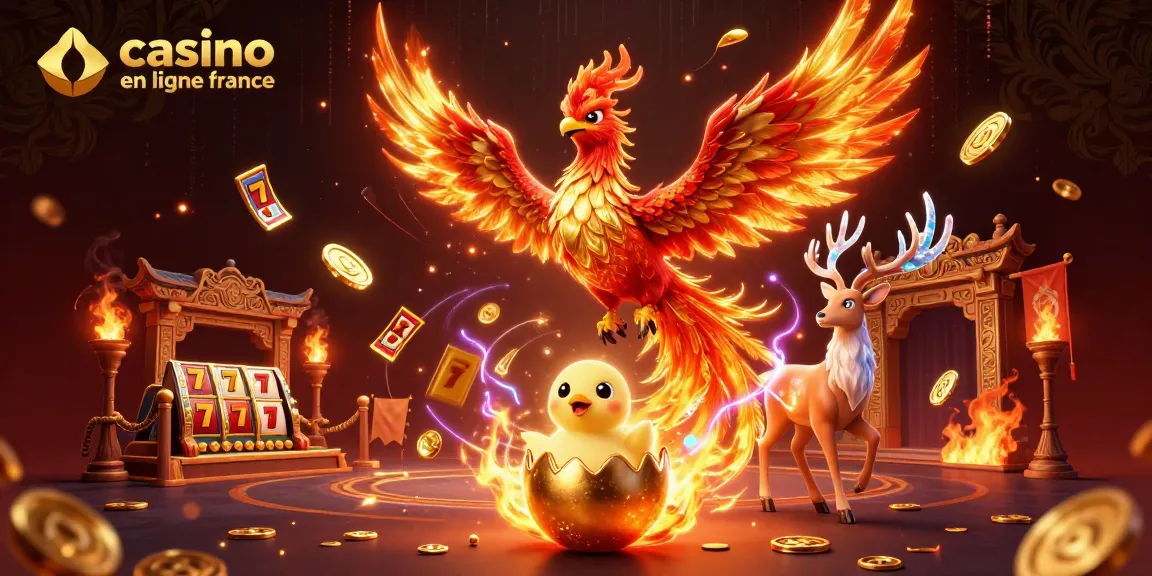 Profitez du temps fort du casino en ligne France en regardant un phoenix de feu symbolique, accompagnée de jeux de machines à sous scintillants.
