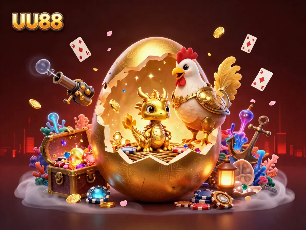 Experience thrilling gaming at UU88 with a golden dragon and poker chips in a vibrant 3D scene.