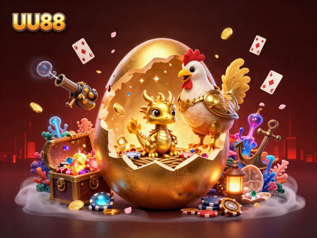 Experience thrilling gaming at UU88 with a golden dragon and poker chips in a vibrant 3D scene.