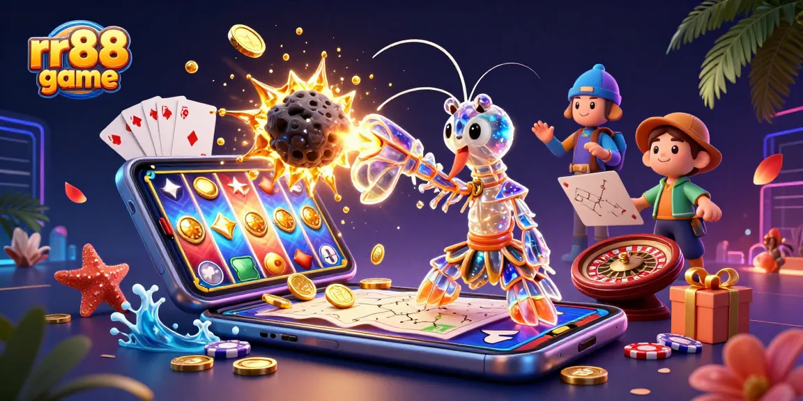 Engage in the rr88 game with a vibrant scene showcasing a galactic mantis shrimp character along with a starfish navigating amidst gold coins and casino elements.