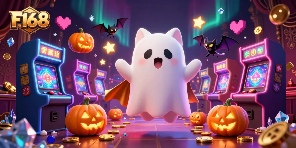Experience thrilling gaming at F168 while enjoying a dazzling haunted casino scene filled with vibrant characters and gaming elements.