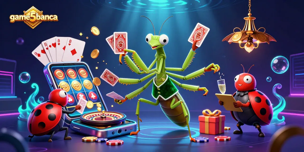 Experience thrilling gaming action at game5banca with colorful slots, cards, and casino elements.
