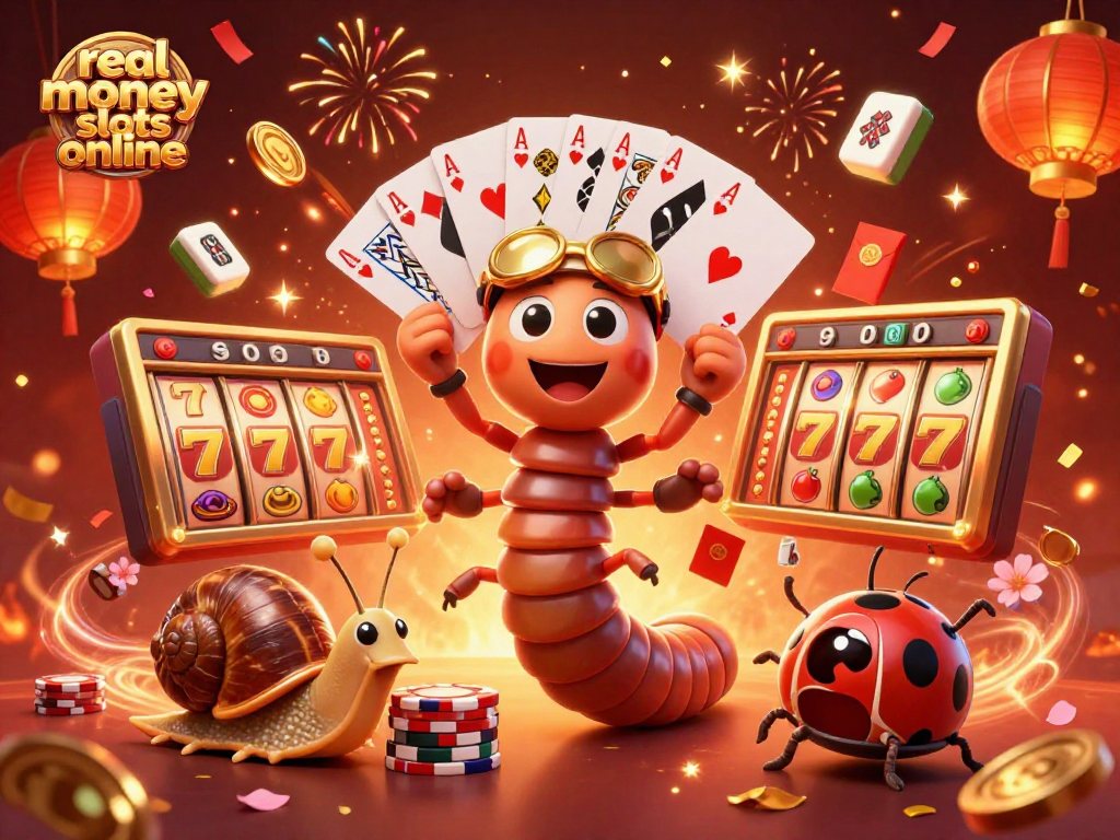 Experience the excitement of real money slots online with dynamic casino characters in a vibrant three-dimensional scene.