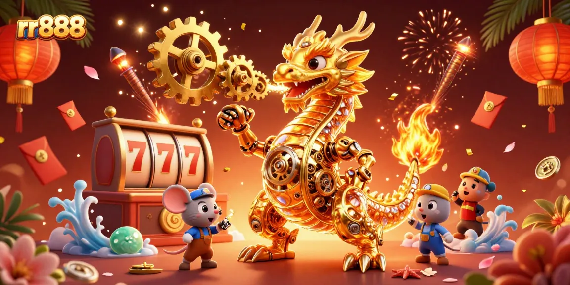 Experience a thrilling rr888 gaming adventure with a golden dragon amidst slot reels and vibrant elements.