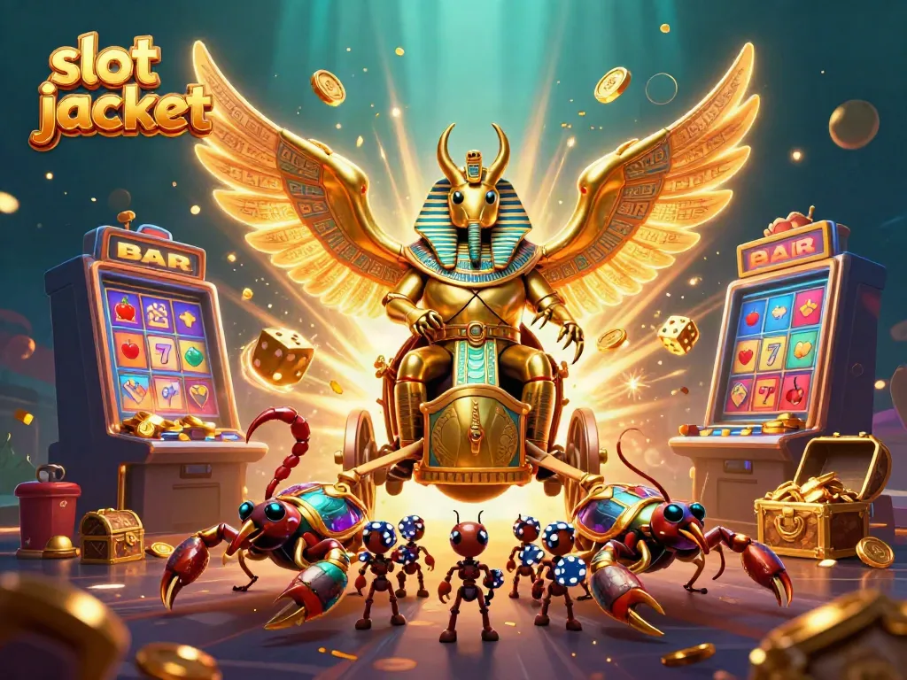Experience the slot jackpot explosion with gold coins, vibrant symbols, and dynamic characters in this captivating casino scene.