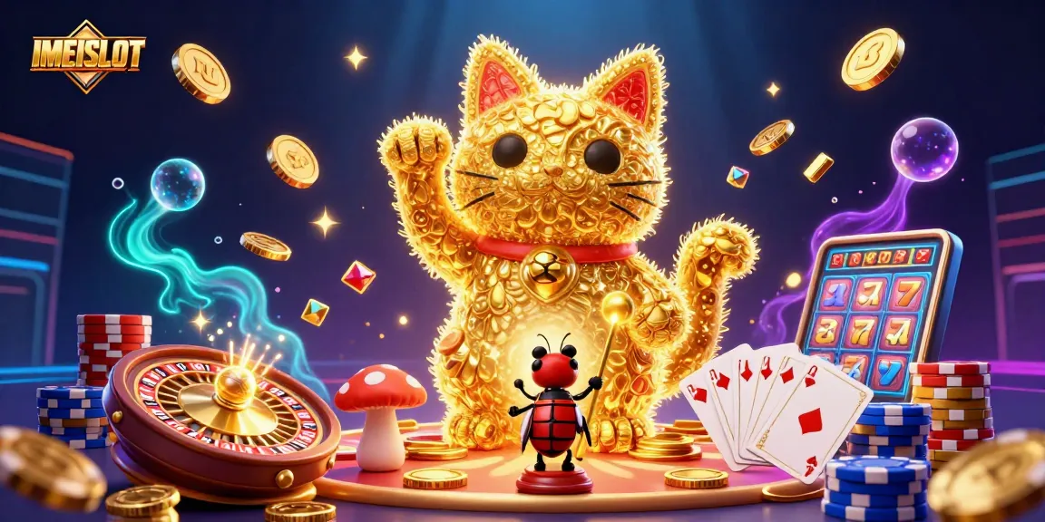 Experience the vibrant IMEISLOT scene with a golden lucky cat amidst casino excitement.