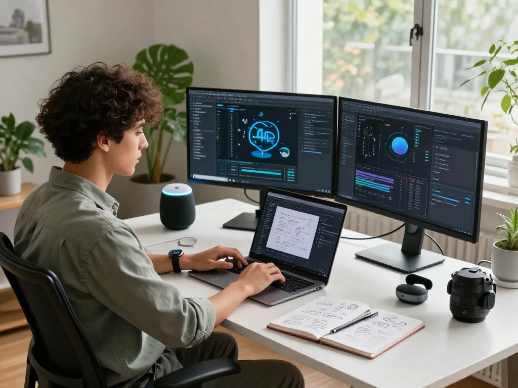 AI technology workspace scene with professional using innovative software, ai 18+ applications visible on multiple screens.