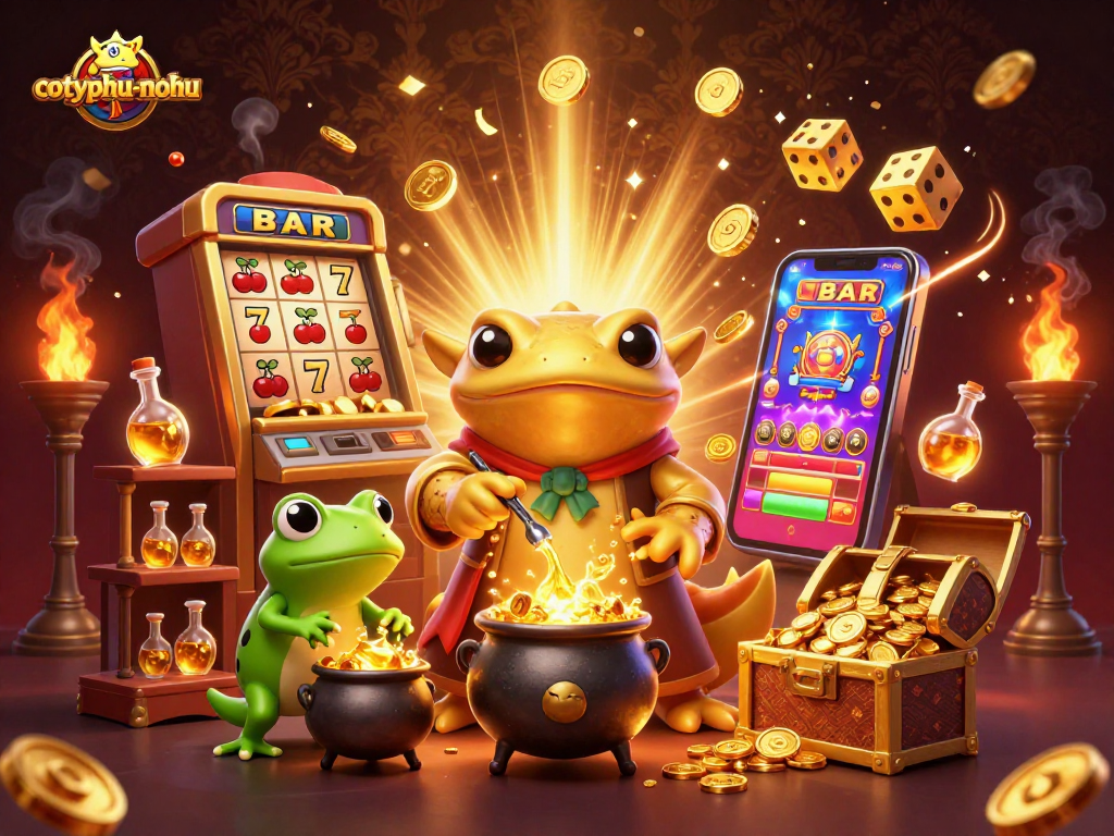 Cottyphu-nohu captivates players with a magical 3D illustration of a frog alchemist and golden treasures, enhanced by vibrant casino elements.