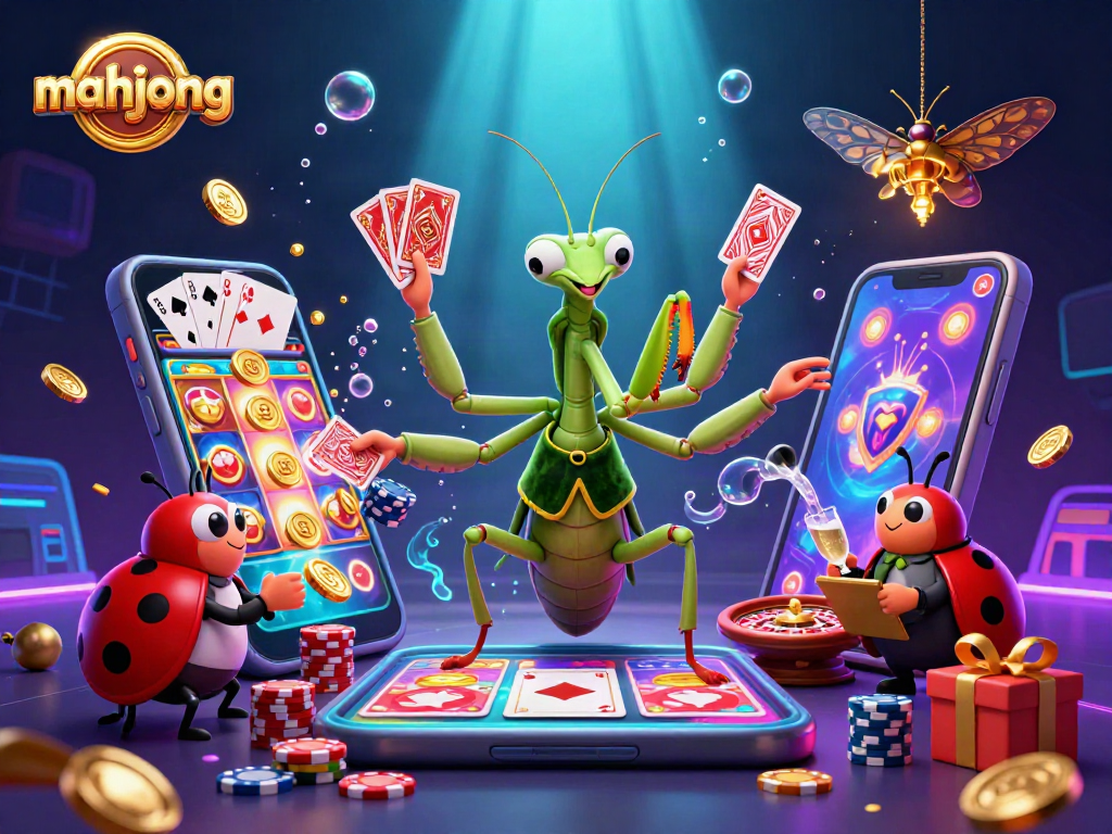 Engage in mahjong excitement with a giant praying mantis dealer and vibrant casino elements.