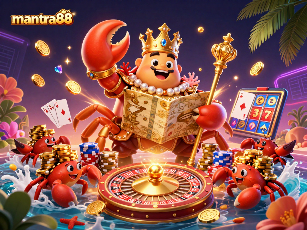 Mantra88 showcases vibrant casino fun with a golden crab emperor amidst treasures and gaming elements.