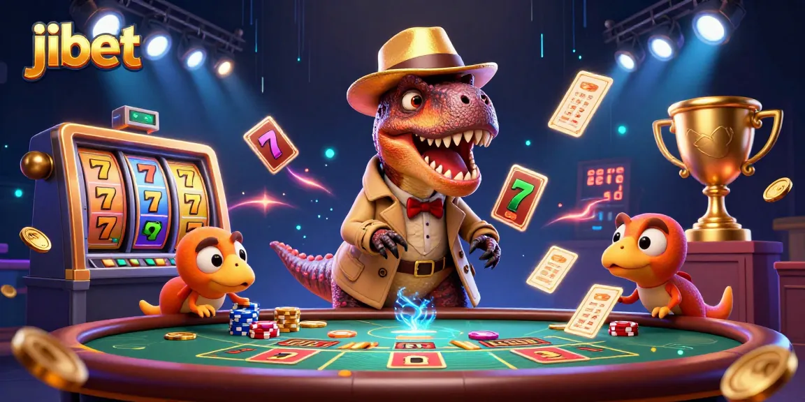 Experience jibet's thrilling blackjack gameplay with characters in a lively casino setting.