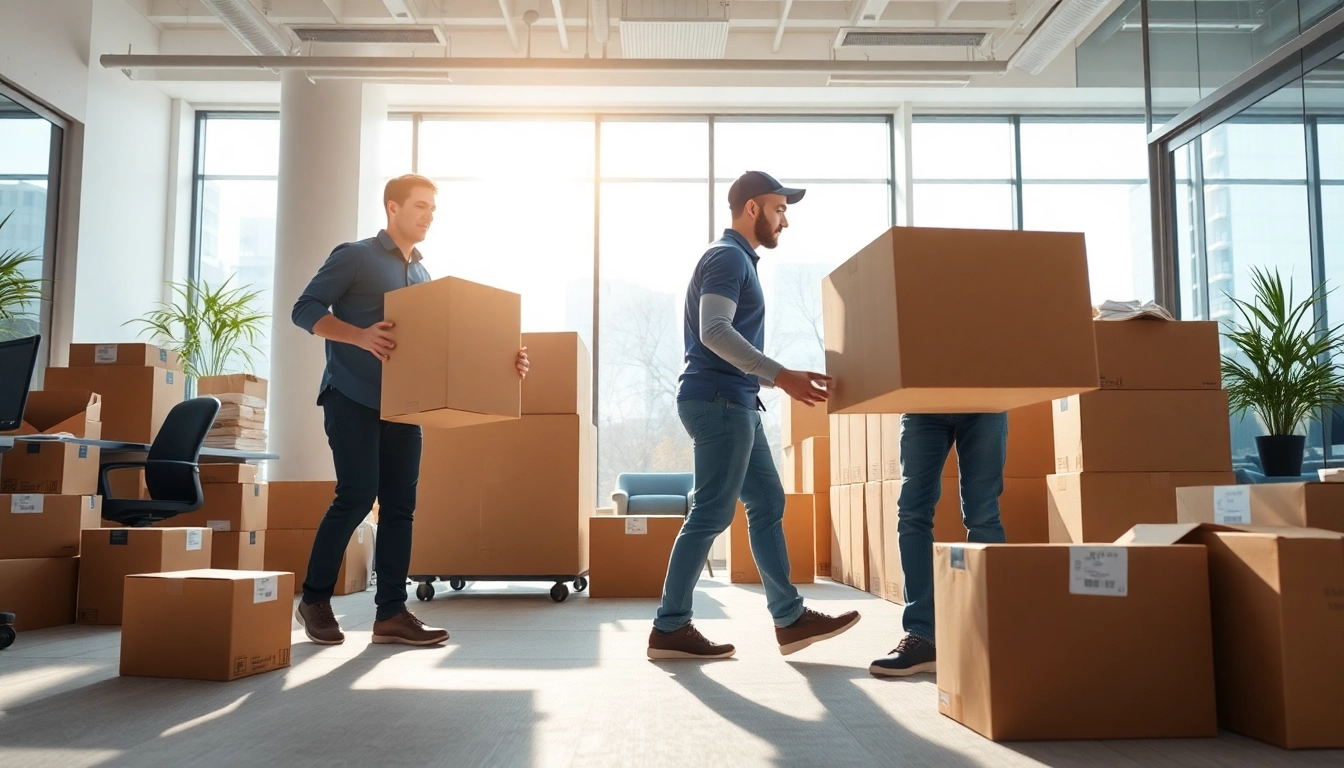 Professional movers demonstrating Commercial Moving Services NYC by efficiently packing office equipment and furniture.